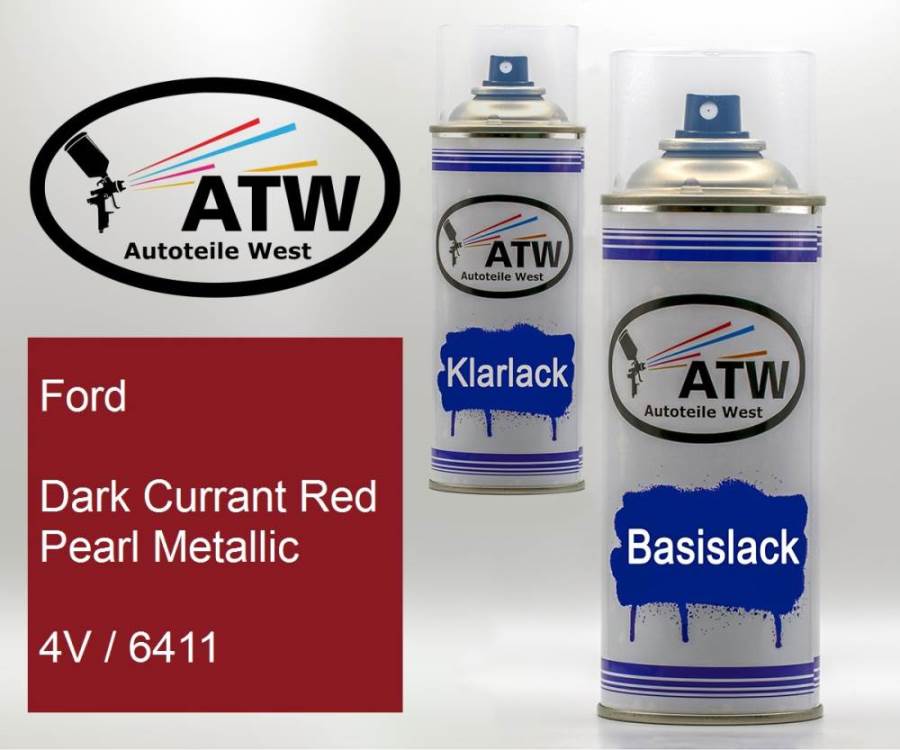 Ford, Dark Currant Red Pearl Metallic, 4V / 6411: 400ml Sprühdose + 400ml Klarlack - Set, von ATW Autoteile West.